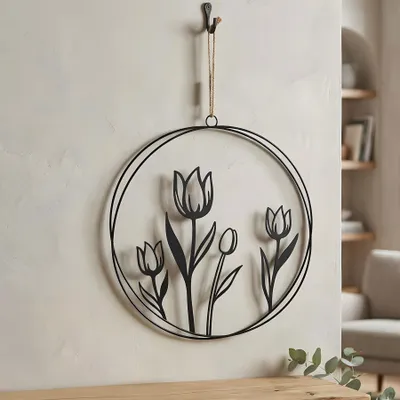 Produktbild von Wandbild Tulpe 30cm Rund Schwarz Metall Blume Türkranz Türschild Metallschild Wanddeko Industrial Skandi Loft Dekoration