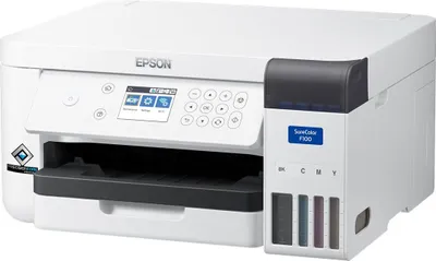 A white Epson SureColor SC-F100 printer is shown from a three-quarter angle against a white background.