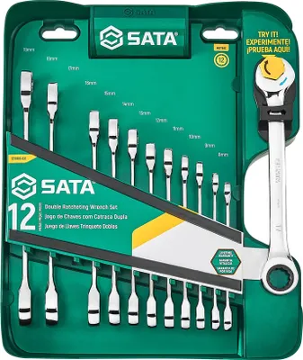 A set of SATA brand double ratcheting wrench tools is displayed in a green plastic case.