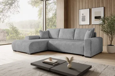 Produktbild von STOREZ24 L-Form Ecksofa NELLY inklusive Schlaffunktion, Ecke mit Bettkasten, Farbe: hellgrau, Seite: links