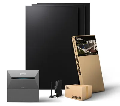 Produktbild von Kleines Kraftwerk 1440W Balkonkraftwerk Balkon Halterung (bifazial) inkl. Anker Solarbank 3 + Zusatzbatterie – 0% MwSt – Solaranlage mit Speicher