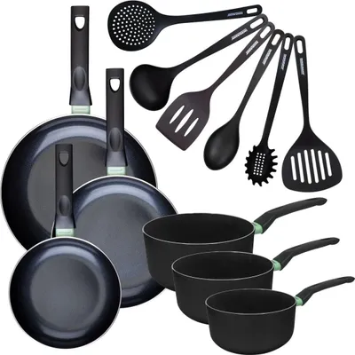 Image de Set de 3 poêles 20 24 et 28 cm et 3 casseroles 16, 18 et 20 cm antiadhésives céramique et 6 ustensiles Fackelmann Brandao