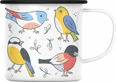 Produktbild von Trendation - Arten von Vögeln Spatzen Vogel Emaille Tasse Geschenk Grafik Geschenkdiee für Vogel-Liebhaber (Schwarz)