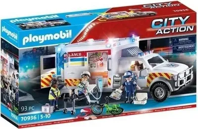 Zdjęcie produktu dla PLAYMOBIL Ambulance Amerykańska z Ratownikami, City Action, 70936, Z Figurką Rannego, 959g