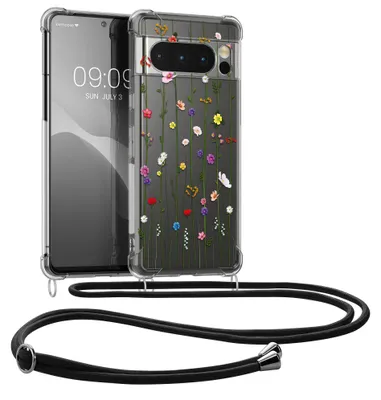 Produktbild von kwmobile Necklace Case kompatibel mit Google Pixel 8 Pro Hülle - Silikon Cover mit Handykette - Mehrfarbig Transparent Wildblumen Ranke