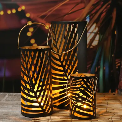Windlicht mit Blattmotiv - mit Henkel - Metall - 3 verschiedene Größen - schwarz/gold - 3er Set