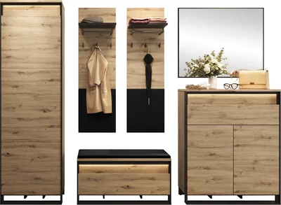 Produktbild von MIRJAN24 Garderobe-Set Quant VII, Garderobe & Flur, Kleiderschrank, Kommode, Schrank, Spiegel, 2x Kleiderhaken (Farbe: Artisan Eiche / Schwarz + Velo 637)