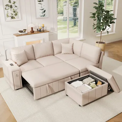 Obrázek produktu pro MODFU rohová pohovka do obývacího pokoje s USB a Type-C portem, modulární sofa, Rozkládací postel se čtecím světlem a polštáři, Relaxační křeslo s úložným taburetem, sedací souprava s úložným taburetem, béžová