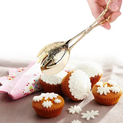 Obrázok produktu pre Kliešte na chlieb, sponky na zeleninu, kliešte na torty, kliešte na bufet, kliešte na grilovanie (so zlatou guľatou hlavou)