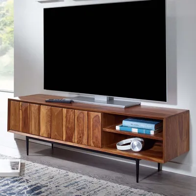 Immagine prodotto di Finebuy Mobile TV basso in legno massello di sheesham 123x42x35 cm con due ante - Mobile TV alto - Tavolino TV - Mobile TV moderno - Mobile TV