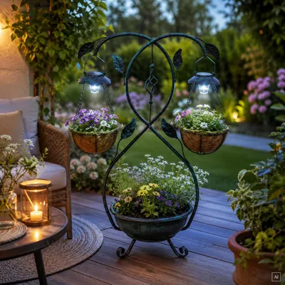 Produktbild von abc HOME | Pflanzständer mit Pflanzschalen | LED´s | Solarpanel | Lichtsensor | Kokosfaser | 81 cm H