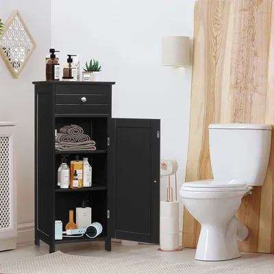 Zdjęcie produktu dla Szafka łazienkowa z 3 półkami z drzwiczkami i szufladą, oszczędzająca miejsce, 35,5 x 30,5 x 88 cm (czarna)