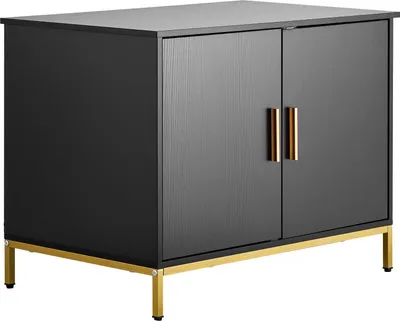 A black cabinet with gold legs and handles, shown against a white background.