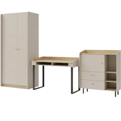 Produktbild von Möbelset Jugendzimmer ALEX Sandbeige – Kleiderschrank, Schreibtisch und Kommode, Modernes 3-teiliges Jugendzimmer-Set, KI-generiertes Bild