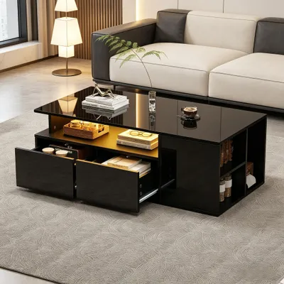 Produktbild von STILVORA Couchtisch mit LED-Beleuchtung und 2 Schublade,Sofatisch mit Gesamttragfähigkeit von 60kg,Beistelltisch mit viel Stauraum,Schwarz