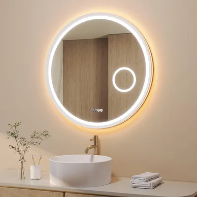 Produktbild von LED Badspiegel 80x80 cm 3 fache Vergrößerung Runder Badezimmerspiegel mit Beleuchtung, Beschlagfrei, Kaltweiß & Warmweiß, Mattweißer Rahmen