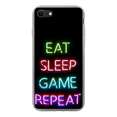 Produktbild von MuchoWow® Handyhülle Schutzhülle Hülle für iPhone SE 2020 Gaming - Led - Zitat - Eat sleep game repeat - Gaming Silikon Softcase Handy Hülle - Kartenbesitzer