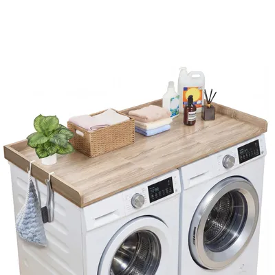 Produktbild von VEVOR Arbeitsplatte für Waschmaschine & Trockner (137 x 69,9 cm) mit Erhöhtem Rand & Haken, zur Organisation und Aufbewahrung im Wäscheschrank Speisekammer Küchentheke, 113 kg Belastbar, Eichenoptik