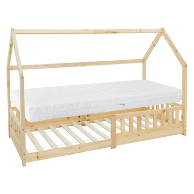 A wooden house-shaped bed frame with a mattress and slatted base, shown against a white background.