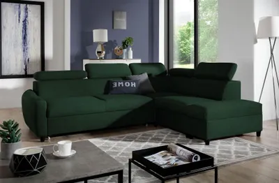 Productafbeelding van Eckbank, slaapbank, bank ANTON, bekleed met stof Esito, donkergroen, met een hocker aan de rechterkant