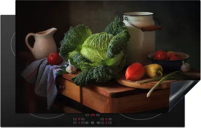Produktbild von KitchenYeah© Herdabdeckplatte Stilleben - Gemüse - Farben , 85x52cm, Küche Deko, Glaskeramikkochfeld Herdabdeckung, Abdeckplatte fùr Kochfeld