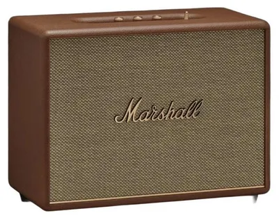 A brown Marshall speaker is shown against a white background.