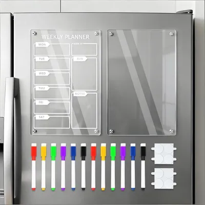 Produktbild von Wochenplaner A4, 2 Stück, magnetisches Acryl, 12 Stifte, transparent, für Kühlschrank