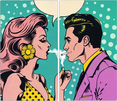 Produktbild von Spritzschutz Herdabdeckplatte Schneidebrett aus Glas Retro Pop Art Duo 2-Teilig (60x52cm)