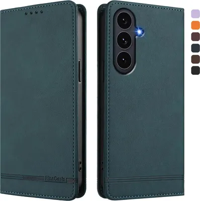 Produktbild von Hülle für Samsung Galaxy S25 FE, Retro Kunstleder Ständer Klapphülle mit Kartenfächer und Magnetische Grün