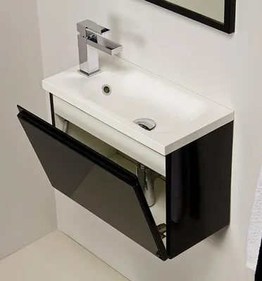Produktbild von Quentis Gäste-WC Badmöbel FAROS 50, schwarz glänzend, Waschbeckenunterschrank mit Klapptüre, montiert.
