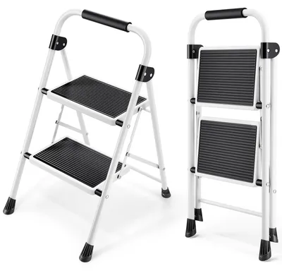Productafbeelding van KINGRACK 2-traps kleine ladder, opstapladder met antislip, breed voetstuk – 2 trappen met handgrepen, wit