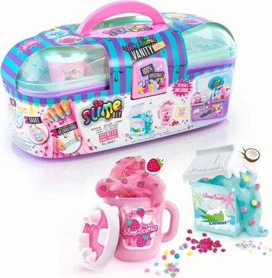 A toy slime making kit and examples of finished slime products.