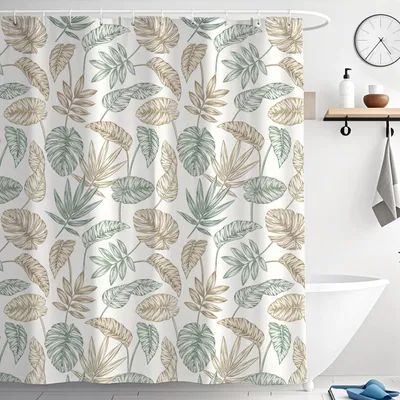 Produktbild von Duschvorhang 200 x 200 cm, grüner Stoff, Polyester, schimmelresistent, wasserdicht, waschbar, beschwerter Saum, mit Ösen und 12 Duschvorhangringen für das Badezimmer