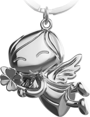 A silver angel keychain holding a four-leaf clover.