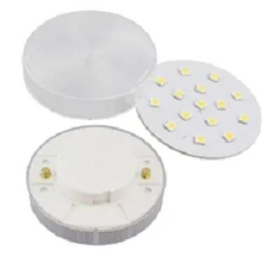 A disassembled LED light bulb with its components laid out on a white background.