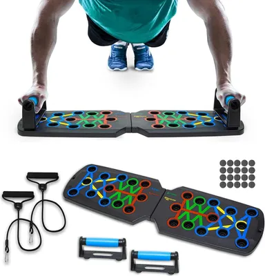 Produktbild von 14-in-1 Übungsboard für Liegestütze mit Widerstandsbändern - Tragbares und Faltbares Fitnessboard für Heimtraining