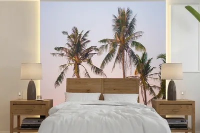 Produktbild von MuchoWow® Fototapete für Wohnzimmer oder Schlafzimmer Wandtapete Vinyl Motivtapete Tropisch - Palmen - Sonnenuntergang - 280x280 cm - Hintergrundbild