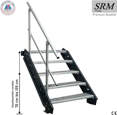 A metal staircase with a handrail, shown against a white background, with measurement indicators and logos.
