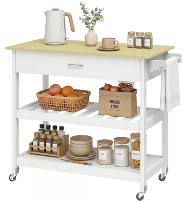 Imagen del producto de Carro de servicio - Carro de cocina - 3 niveles - Amplia superficie de trabajo - 1 cajón - Estructura de madera - Blanco