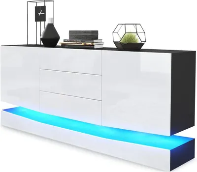 Produktbild von Vladon Sideboard City, Germany, Schwarz matt/Weiß Hochglanz inkl. LED - Moderne Kommode für Ihr Wohnbereich (178 x 72 x 38 cm)