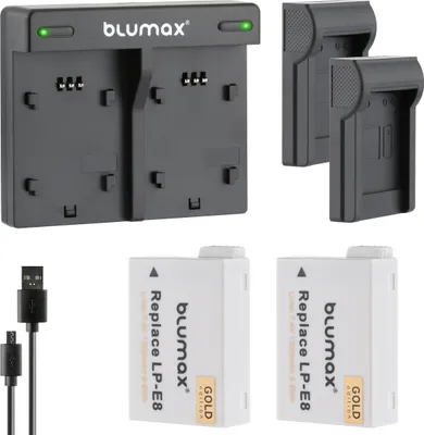 Produktbild von 2x Akku + Lader für Canon EOS 550D, 600D, 650D, 700D - LP-E8 1260 mAh (7,2V)