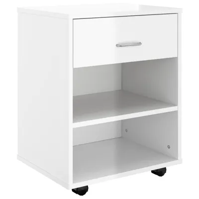 A white rolling cabinet with one drawer and two open shelves.