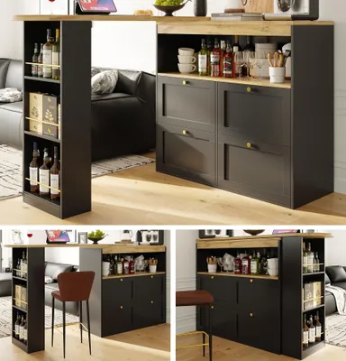 Image de table haute pivotante à 360° (corps 105 x 39 x 102 cm) avec 4 tiroirs et étagères ouvertes, convient pour salle à manger/bureau/salon, noir