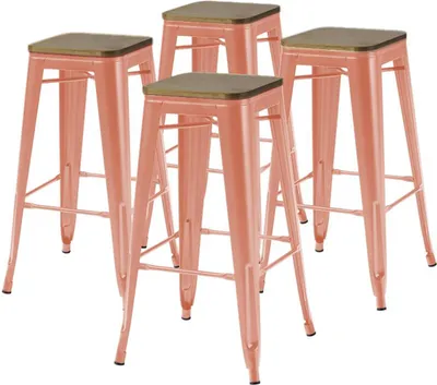 Immagine prodotto di Set di 4 sgabelli da bar in metallo opaco in terracotta e legno. - Oviala Indus