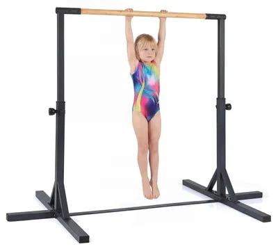 Obrázek produktu pro KOMFOTTEU, gymnastický bradlo, výškově nastavitelné, 85-145 cm, gymnastická tyč pro děti s kovovým rámem a bambusovou tyčí, bradlo, gymnastická tyč pro domácí cvičení