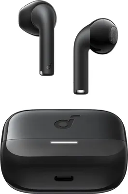 A pair of black wireless earbuds and their charging case are displayed against a white background.