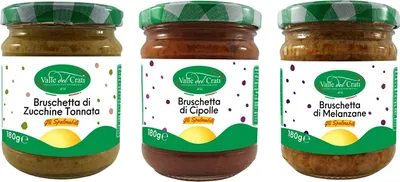 Produktbild von Streichfähige Bruschetta Mix | Italienische Gemüsecremen mit Zwiebel, Aubergine, Zucchini und Thunfisch | für Brot, Pizza, Sandwiches | 3 x 180g