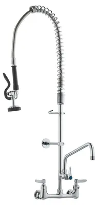 Produktbild von Commercial Faucet with Pre-Rinse Sprayer, 36" Height, 8" Center, 12" Swing Spout, Wall Mount Kitchen Sink Faucet, Brass Constructed Device with Pull Down Spray, for 1/2/3 Compartment Sink