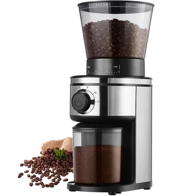 Produktbild von Ollygrin Elektrische Kaffeemühle mit Kegelmahlwerk, 30 einstellbare Mahlstufen für 2-12 Tassen, Edelstahl/Schwarz, Präzisionsmahlwerk für Filterkaffee