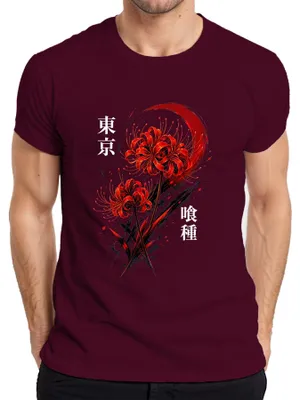 Productafbeelding van Rood Spider Lily (Higanbana), Japanse bloem, Japan, Y2K, Aziatisch, heren T-shirt, bordeauxrood, maat L